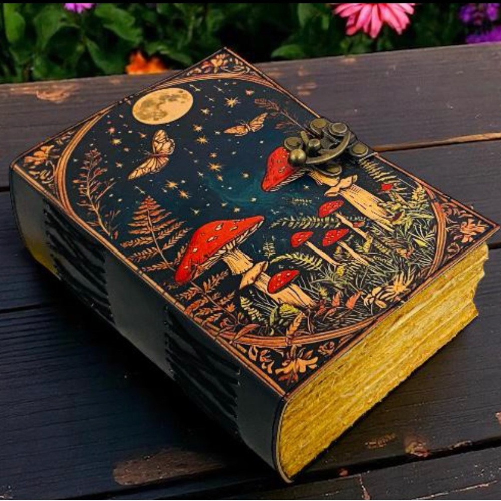 Witchy Mushroom Moon Design with Metal Hinge 200 Blank Pages, Aged Paper